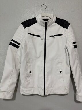 Men's White Faux Leather Bomber Jacket with Black Accents